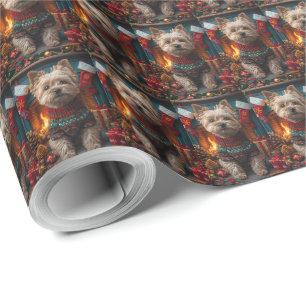 Cairn Terrier Dog With Christmas Gifts Fireplace Wrapping Paper