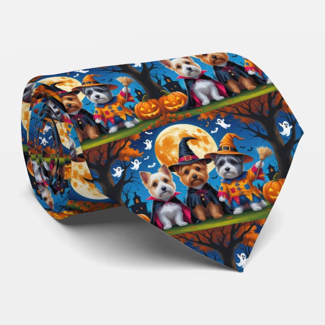 Cairn Terrier Dogs Pumpkin Halloween Funny Tie (Rolled)