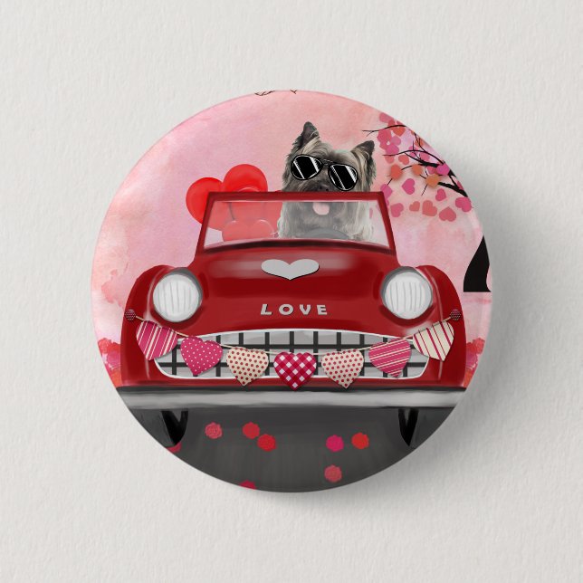 Cairn Terrier Driving Car with Hearts Valentine's  6 Cm Round Badge (Front)