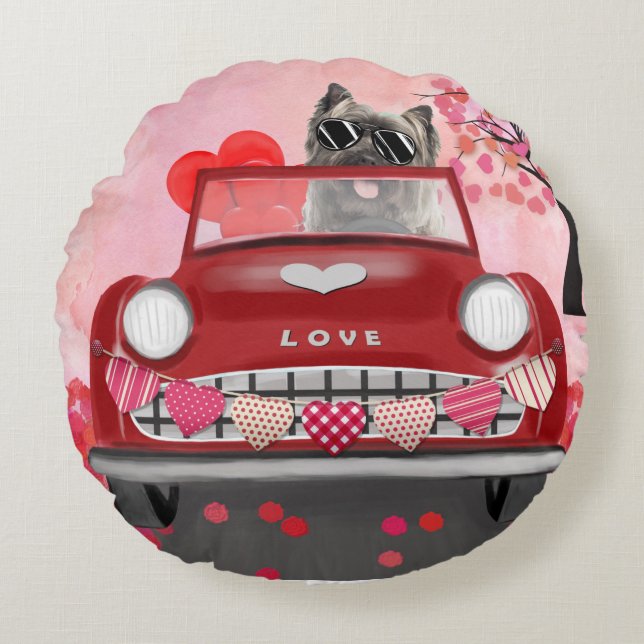 Cairn Terrier Driving Car with Hearts Valentine's  Round Cushion (Front)