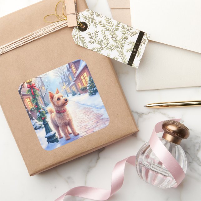 Cairn Terrier Festive Lamppost Village Christmas Square Sticker (Gifting)