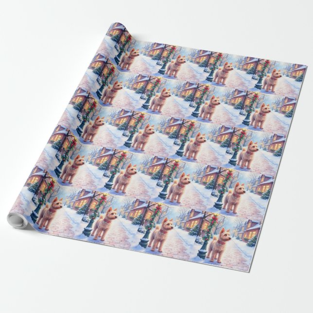 Cairn Terrier Festive Lamppost Village Christmas Wrapping Paper (Unrolled)