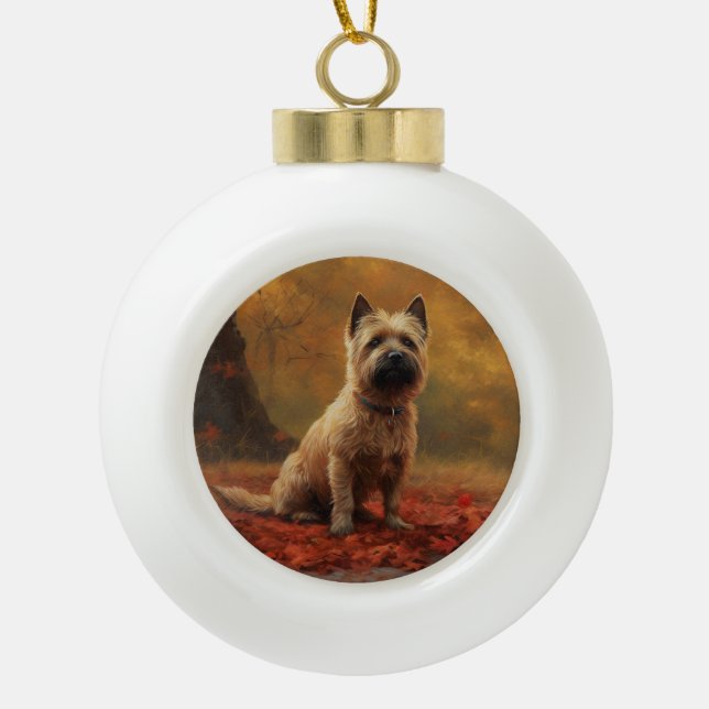 Cairn Terrier in Autumn Leaves Fall Inspire  Ceramic Ball Christmas Ornament (Front)