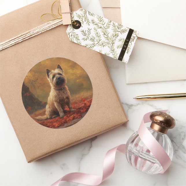 Cairn Terrier in Autumn Leaves Fall Inspire  Classic Round Sticker (Gifting)