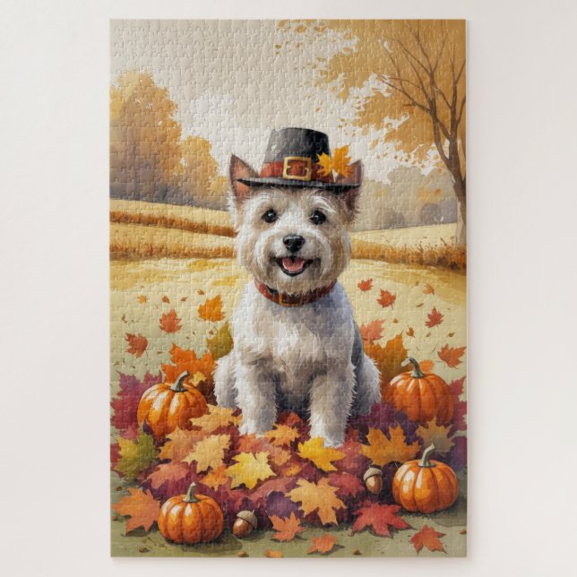 Cairn Terrier In Autumn Leaves Thanksgiving Art  Jigsaw Puzzle (Vertical)