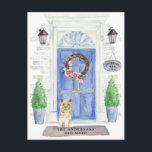 Cairn Terrier Moving Announcement Postcard<br><div class="desc">Announce your new address with our stylish announcement featuring a Cairn Terrier,  blue front door,  welcome mat,  slate sign,  topiaries and a floral wreath set on a grey brick background.</div>
