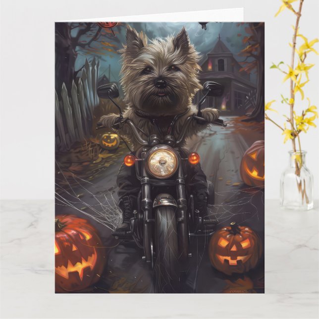 Cairn Terrier Riding Motorcycle Halloween Scary Card (Yellow Flower)