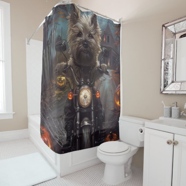 Cairn Terrier Riding Motorcycle Halloween Scary Shower Curtain (In Situ)