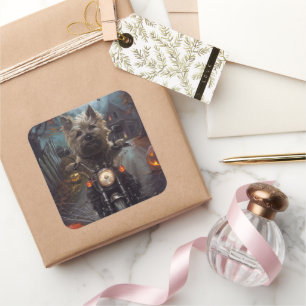 Cairn Terrier Riding Motorcycle Halloween Scary Square Sticker