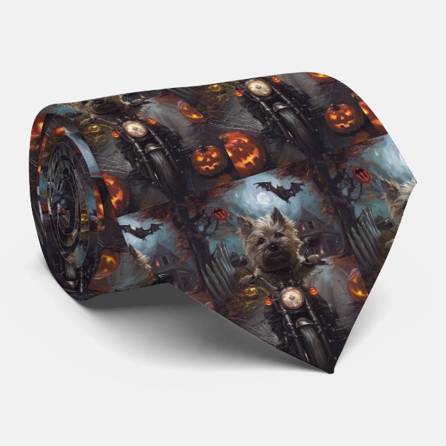 Cairn Terrier Riding Motorcycle Halloween Scary Tie (Rolled)