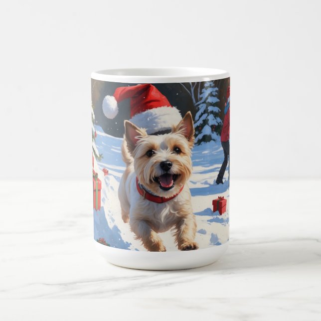 Cairn Terrier Running in Snow with Christmas Hat Coffee Mug (Center)