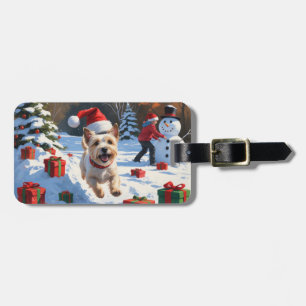 Cairn Terrier Running in Snow with Christmas Hat Luggage Tag