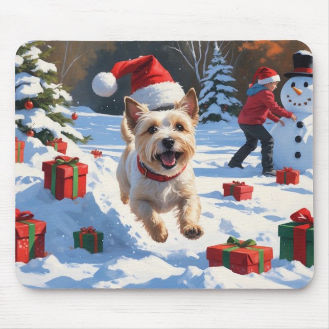 Cairn Terrier Running in Snow with Christmas Hat Mouse Mat (Front)
