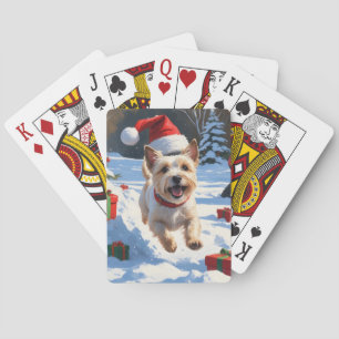 Cairn Terrier Running in Snow with Christmas Hat Playing Cards