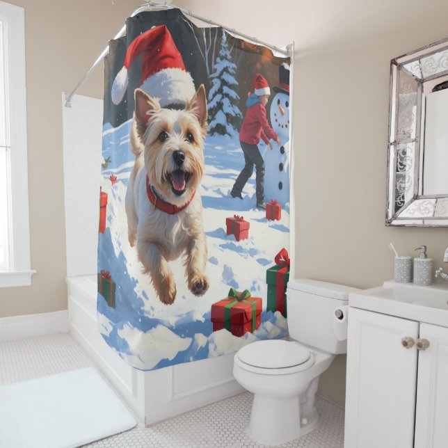 Cairn Terrier Running in Snow with Christmas Hat Shower Curtain (In Situ)
