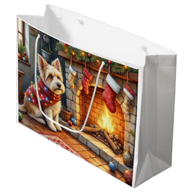 Cairn Terrier Sitting Fireplace Christmas Lights Large Gift Bag (Front Angled)