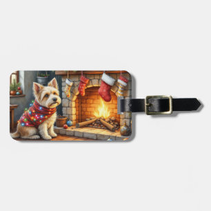 Cairn Terrier Sitting Fireplace Christmas Lights Luggage Tag