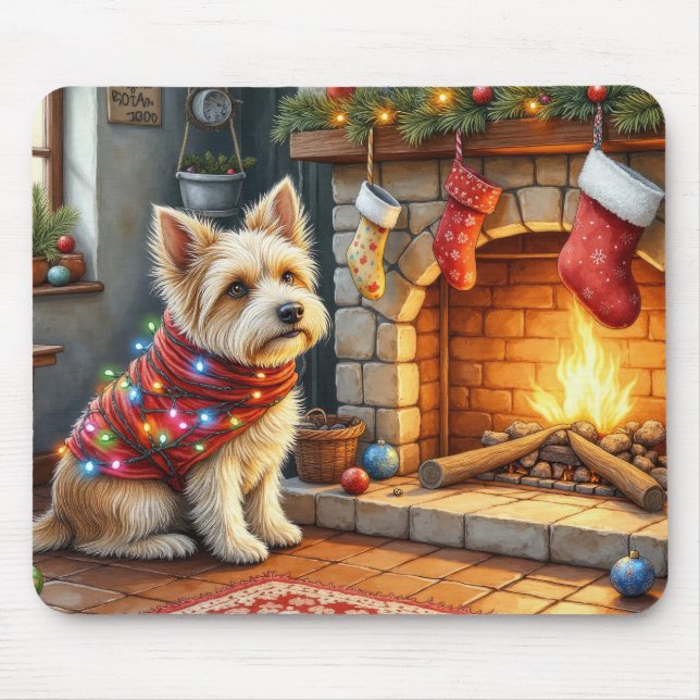 Cairn Terrier Sitting Fireplace Christmas Lights Mouse Mat (Front)