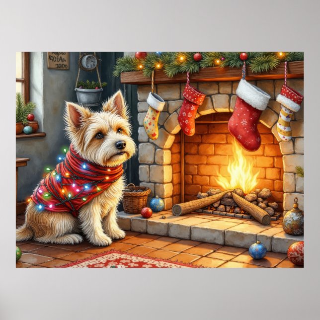 Cairn Terrier Sitting Fireplace Christmas Lights Poster (Front)