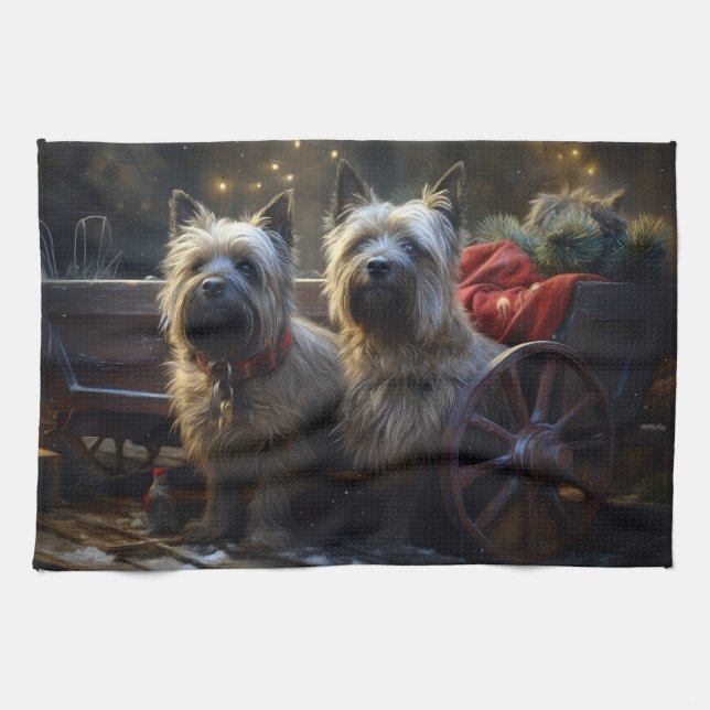 Cairn Terrier Snowy Sleigh Christmas Decor  Tea Towel (Horizontal)