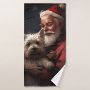 Cairn Terrier With Santa Claus Festive Christmas Bath Towel Set