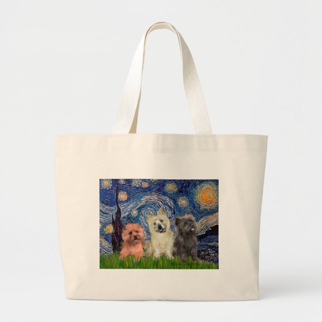 Cairn Terriers (three) - Starry Night Large Tote Bag (Front)