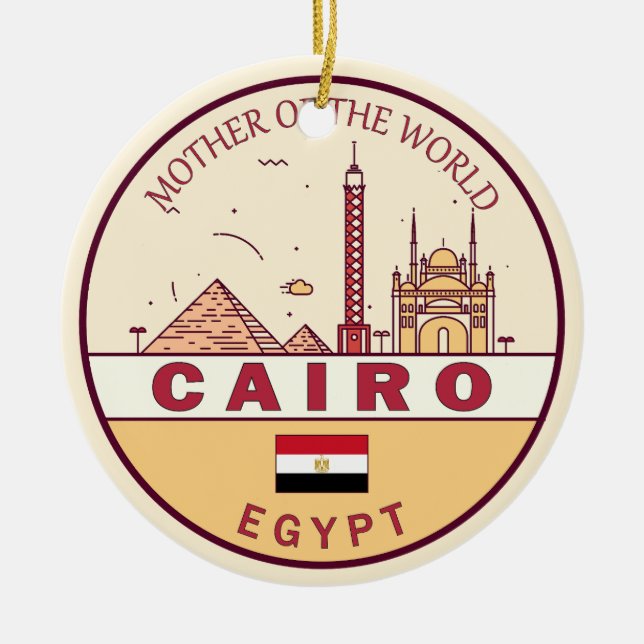 Cairo Egypt City Skyline Emblem Ceramic Tree Decoration (Front)