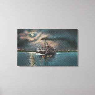 Cairo, IL - Night View of Steamer on Miss. River Canvas Print
