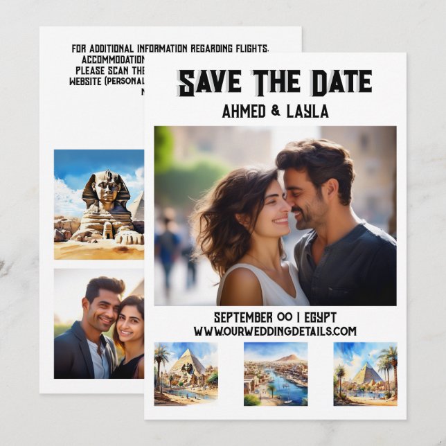 Cairo wedding 3 photo watercolor attractions save the date (Front/Back)