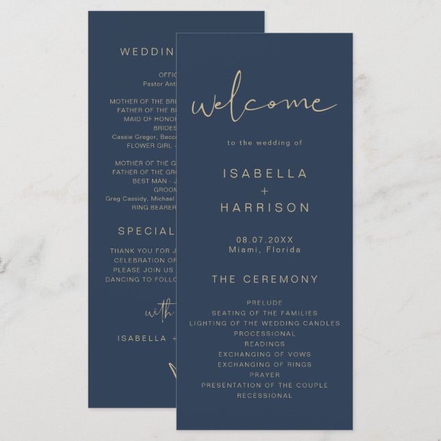 CAITLIN Edgy Navy and Gold Simple Wedding Program Menu (Front/Back)