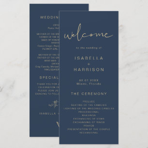 CAITLIN Edgy Navy and Gold Simple Wedding Program Menu