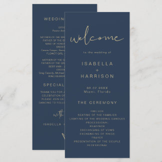 CAITLIN Edgy Navy and Gold Simple Wedding Program Menu