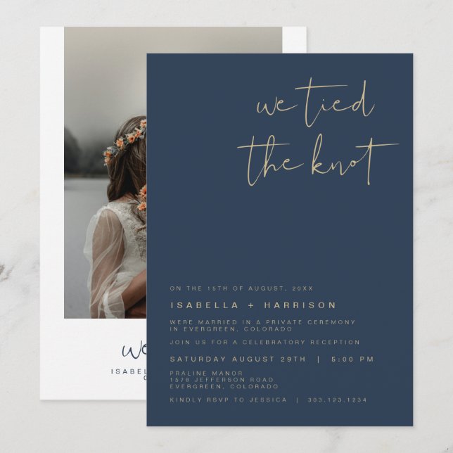 CAITLIN Edgy Navy Gold Photo Elopement Reception Invitation (Front/Back)