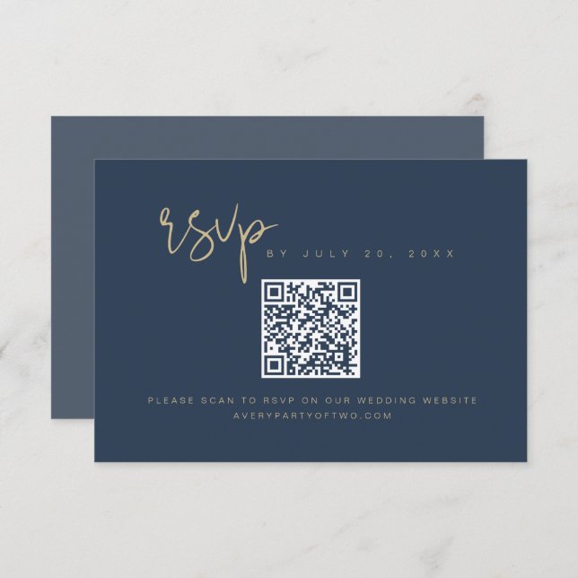 CAITLIN Elegant Navy and Gold QR Code RSVP Card (Front/Back)