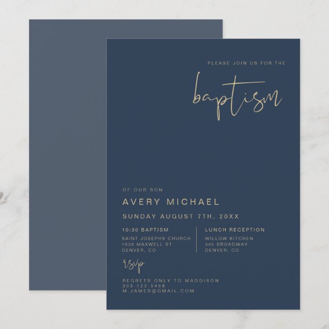 CAITLIN Modern Contemporary Navy and Gold Baptism  Invitation (Front/Back)