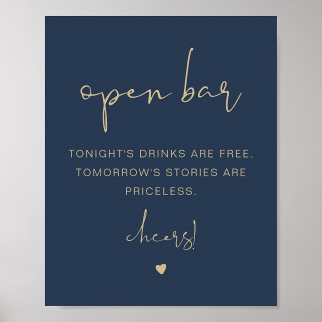 CAITLIN Modern Funny Navy Gold Open Bar Sign (Front)