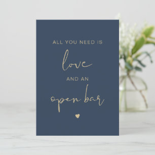 CAITLIN Modern Funny Navy Gold Open Bar Sign Invit Invitation