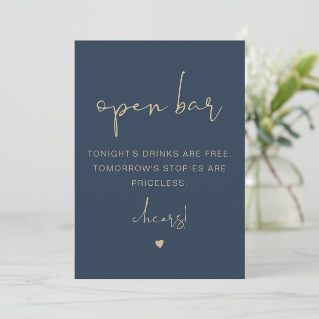 CAITLIN Modern Funny Navy Gold Open Bar Sign Invitation (Standing Front)