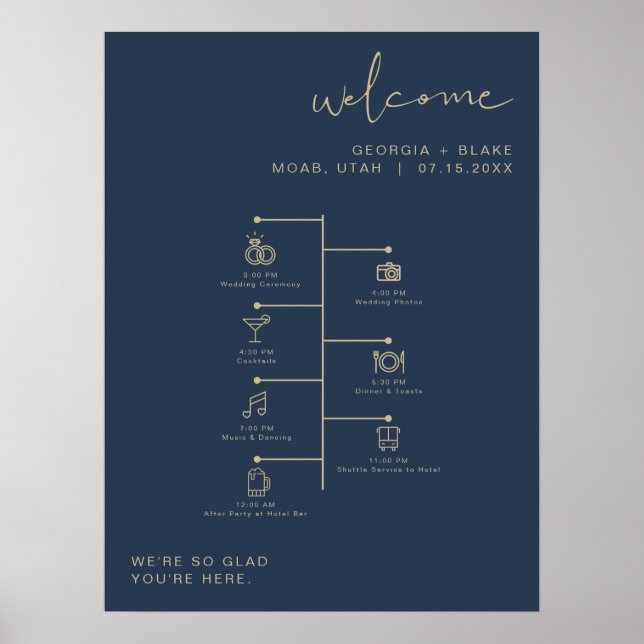 CAITLIN Modern Navy and Gold Wedding Icon Timeline Poster (Front)