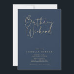CAITLIN Modern Navy Birthday Weekend Itinerary  Invitation<br><div class="desc">This birthday weekend invitation and itinerary template features an edgy handwritten font and modern minimalist design with a modern navy blue and gold colour combination. Easily edit all colouring to match your event and add any photos or graphics as needed.</div>