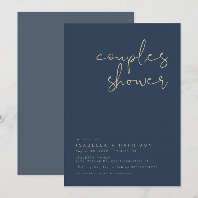 CAITLIN Modern Navy Blue and Gold Couples Shower Invitation (Front/Back)