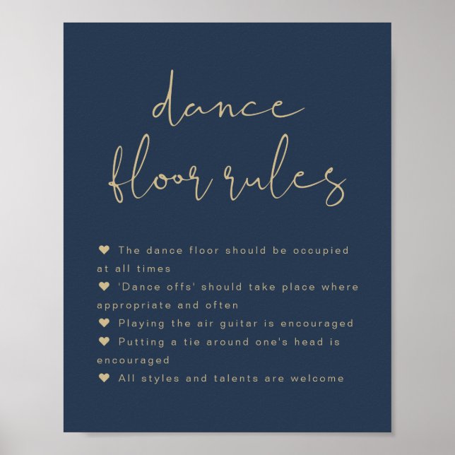 CAITLIN Modern Navy Blue Dance Floor Rules Sign (Front)