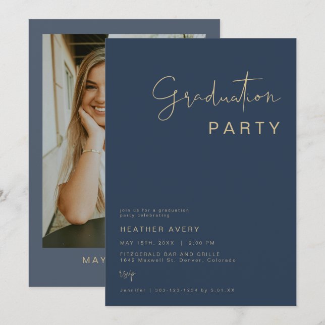 CAITLIN Modern Navy Blue Graduation Party  Invitat Invitation (Front/Back)