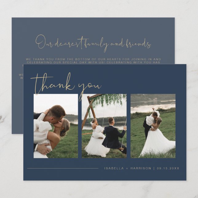 CAITLIN Modern Navy Blue Photo Wedding Thank You Invitation (Front/Back)
