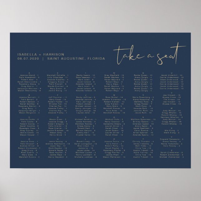 CAITLIN Modern Navy Gold Alphabetical Seating Poster (Front)