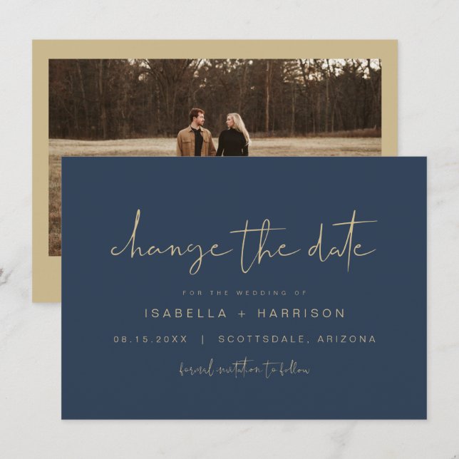 CAITLIN Navy and Gold Change the Date Invitation (Front/Back)