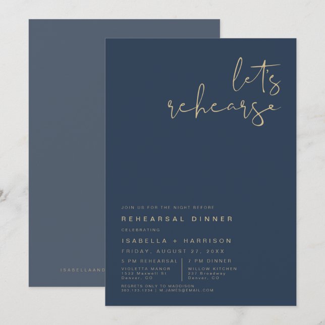 CAITLIN Navy and Gold Modern Rehearsal Dinner Invi Invitation (Front/Back)