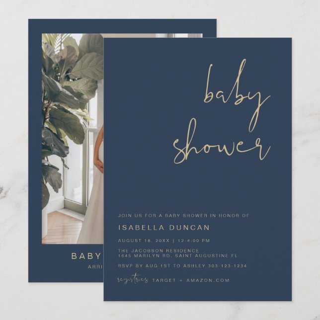 CAITLIN Navy Blue and Gold Baby Shower Invitation (Front/Back)