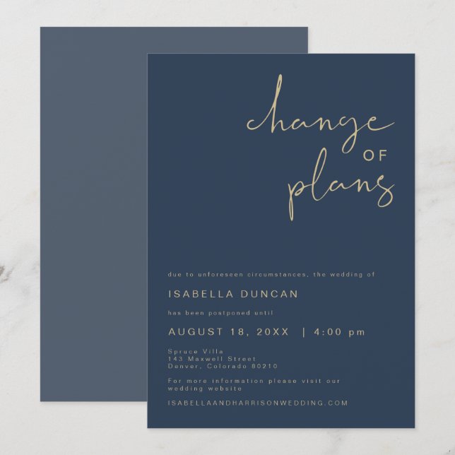 CAITLIN Navy Gold Change of Plans Wedding Update Invitation (Front/Back)