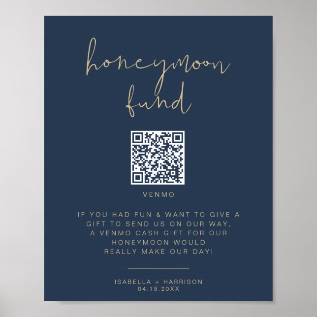 CAITLIN Navy & Gold Honeymoon Fund Wedding Sign (Front)